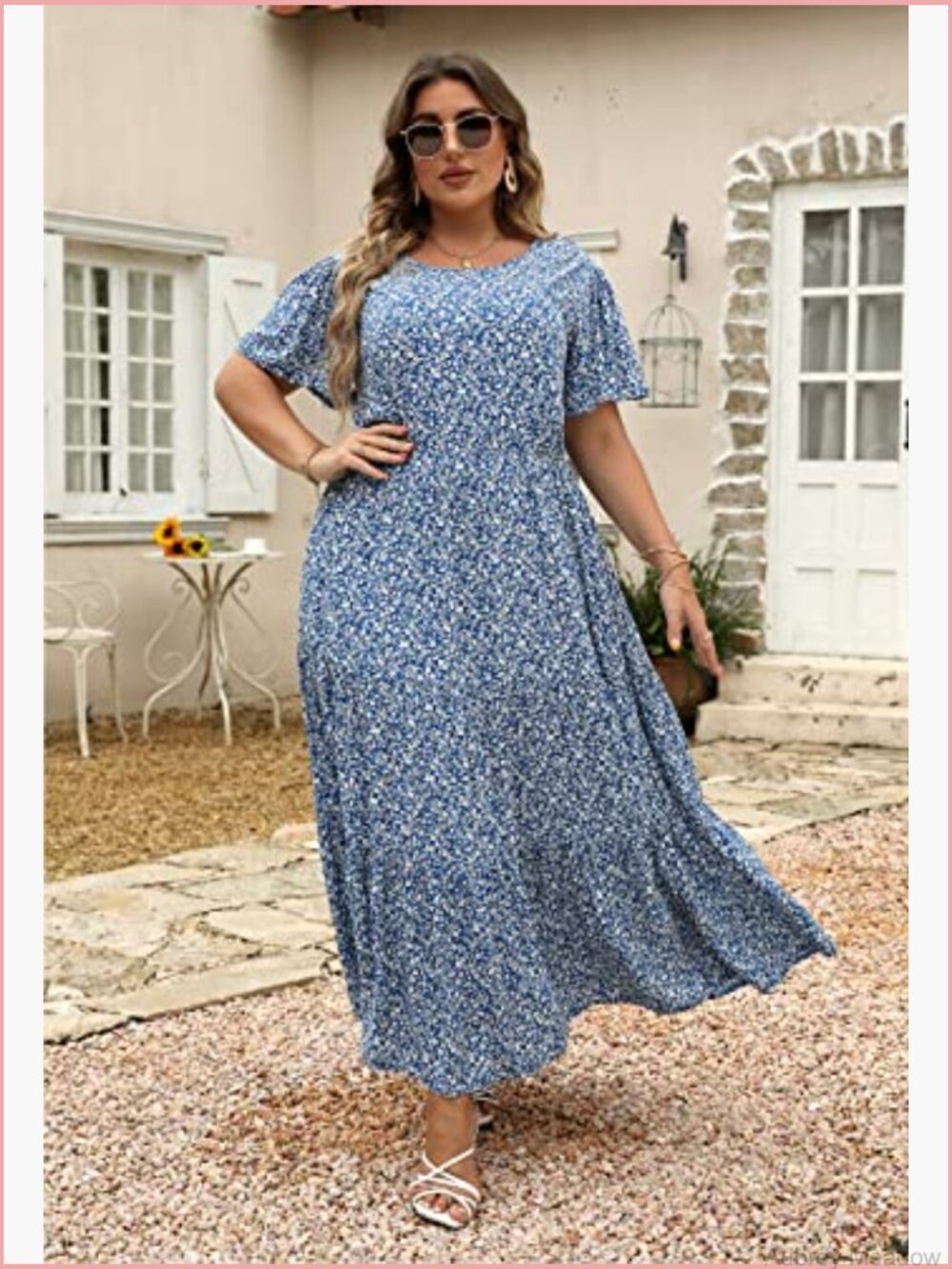 Plus Size Maxi Dress Bohemian Floral Print Layered Flared Long Dress with - Picture 4 of 7